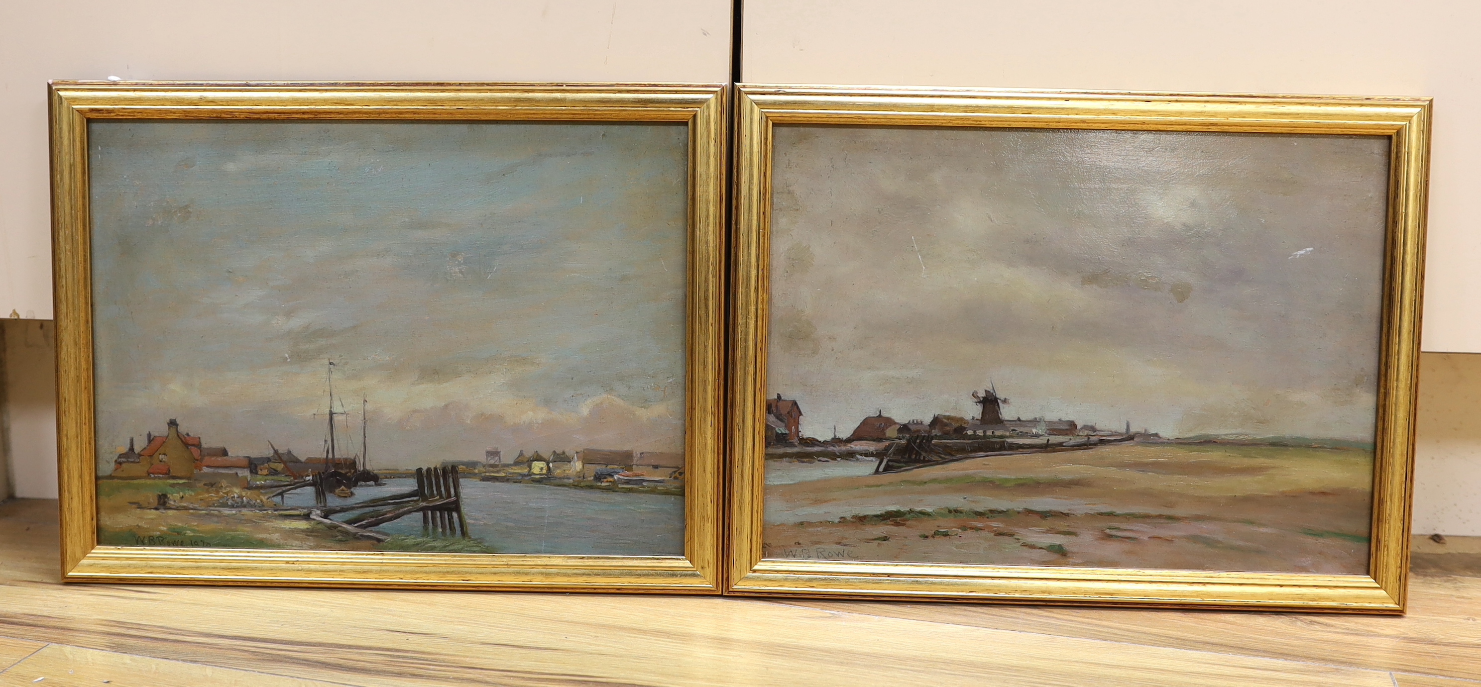 W B Rowe (1910-1955) pair of oils on board, Adur at Littlehampton, each signed, one dated 1920, 25 x 35cm